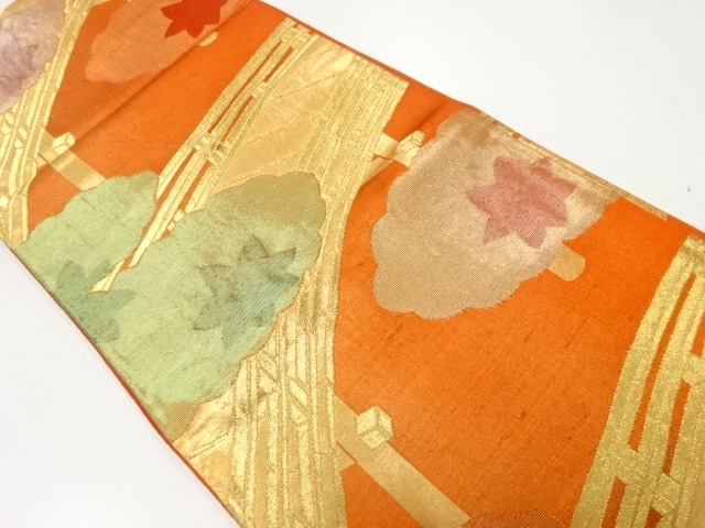 JAPANESE KIMONO / ANTIQUE FUKURO OBI / SILK / WOVEN BRIDGE & MAPLE